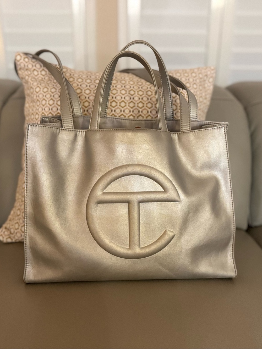 Telfar Silver Metallic Logo Tote Handbag Rectangle Shape Double Handles